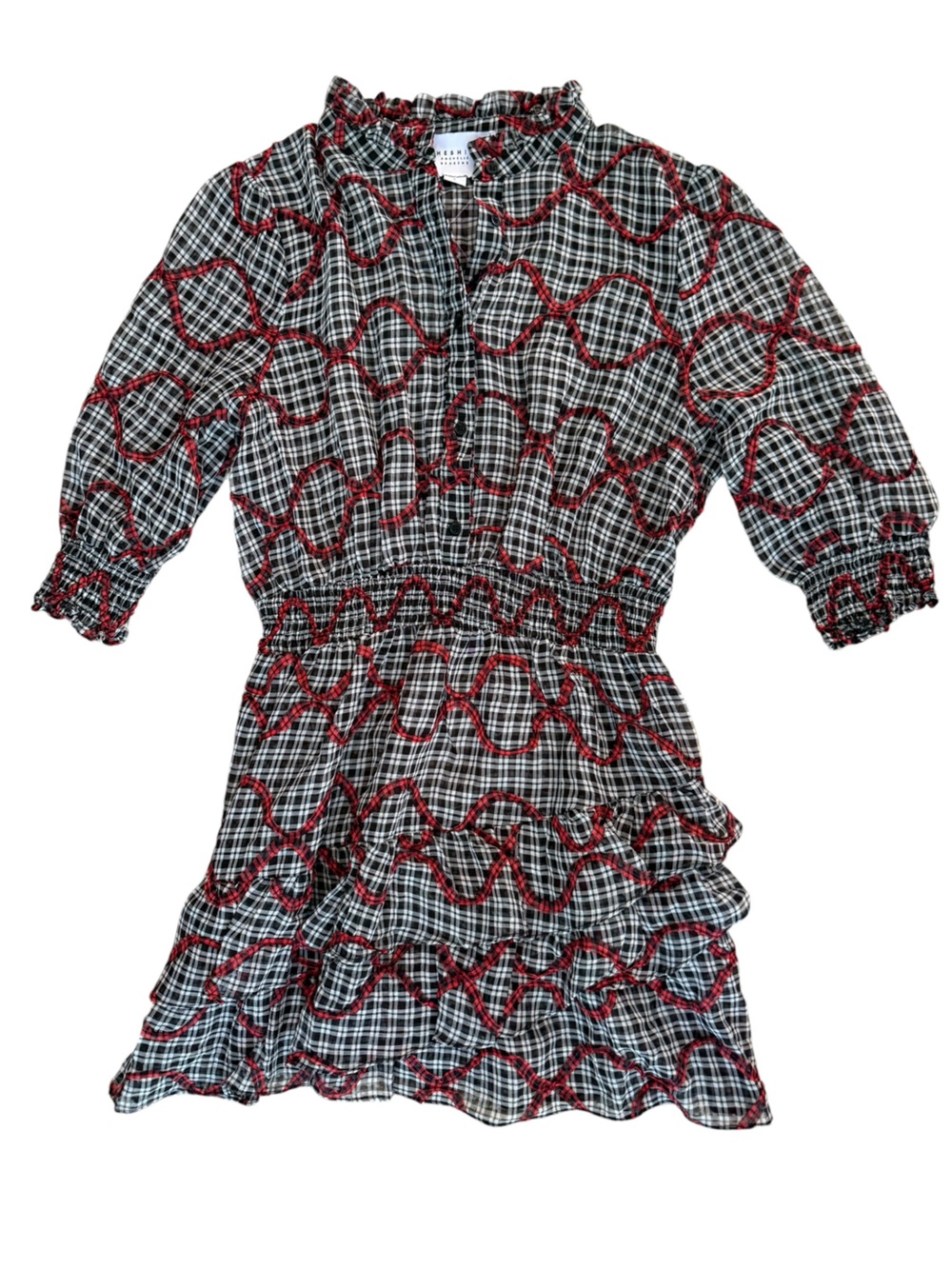 The Shirt Rochelle Behrens Plaid Ruffle Puff Sleeve Mini Dress size Large Fall